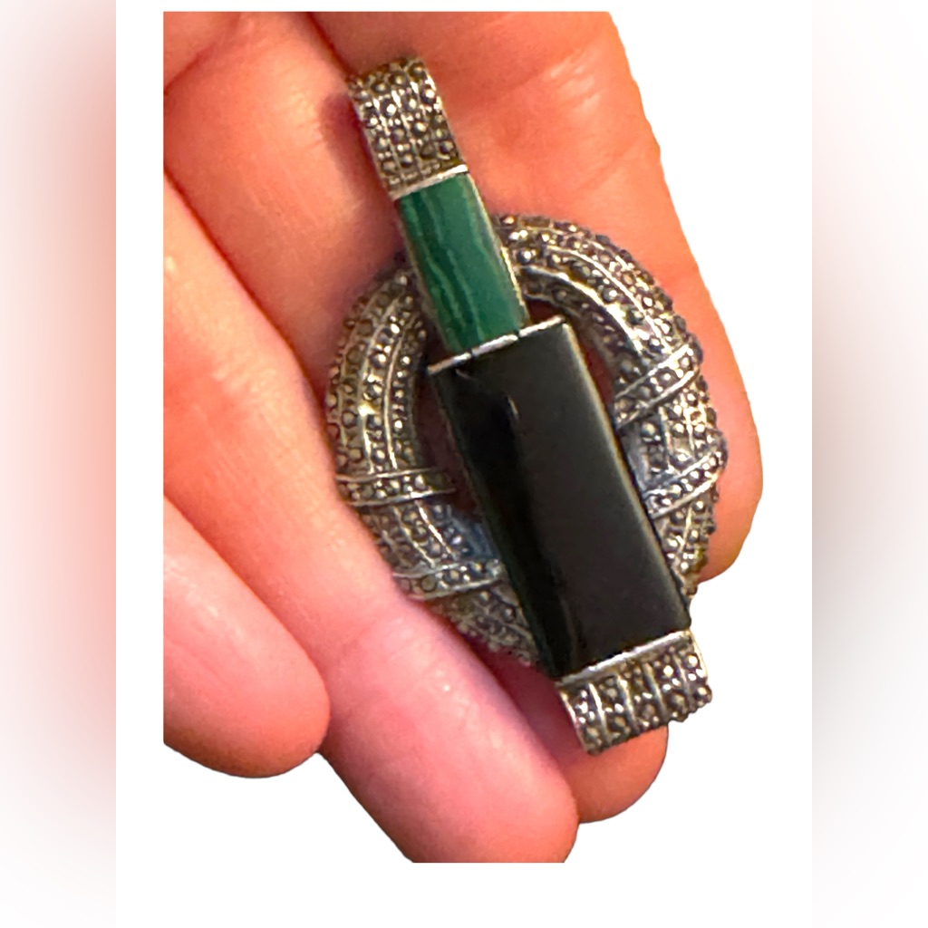 Antique Sterling Silver Marcasite Malachite Black Onyx Art Deco Pendant Brooch